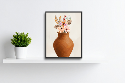 Earthy printable floral art print styled in a boho living room