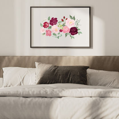 The floral printable art displaying delicate roses and botanical elements, placed above a bed to create a calm and restful bedroom atmosphere.