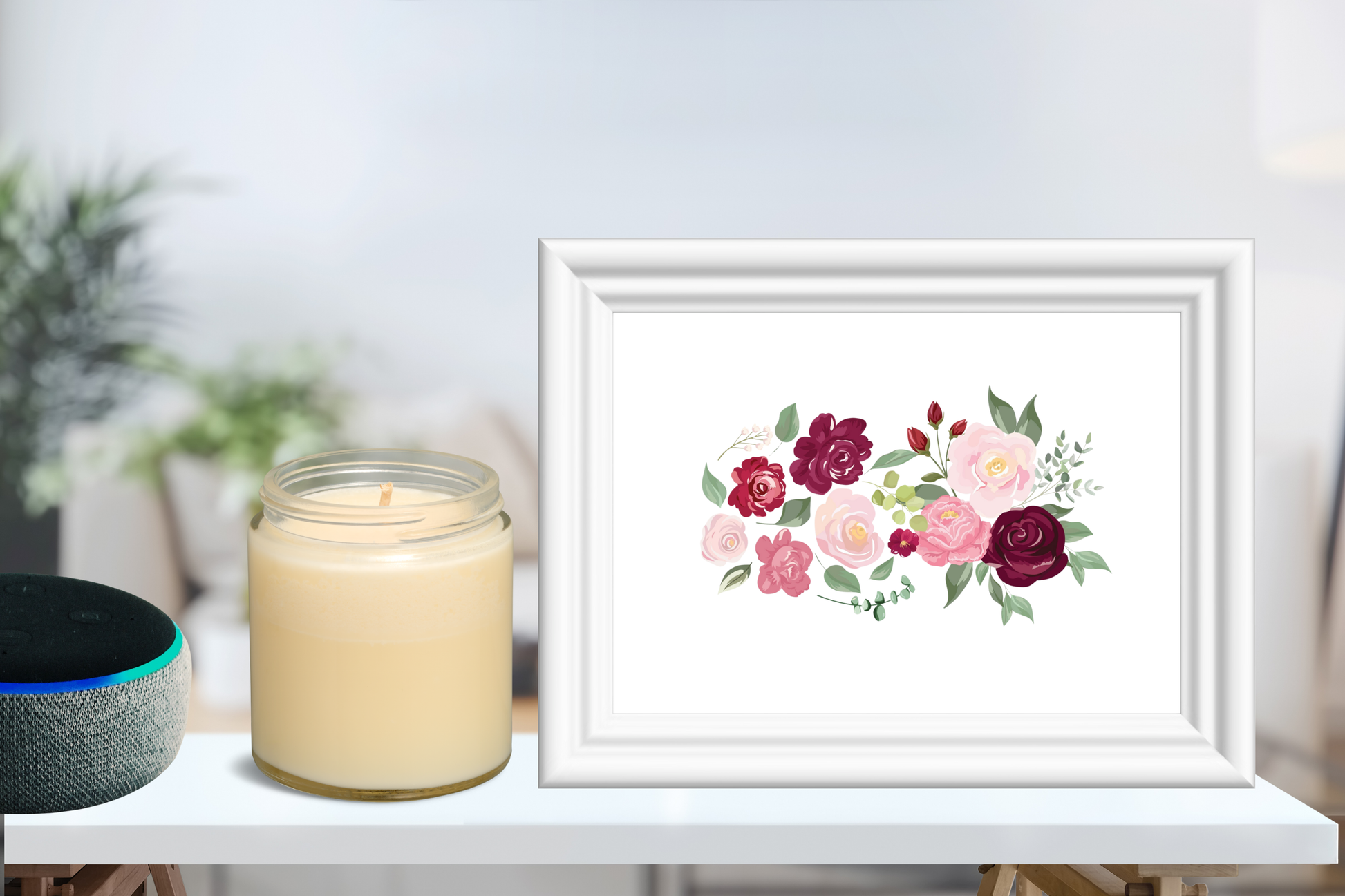 The floral wall art print with refined botanical illustrations, styled above a desk to bring a soft, sophisticated touch to a modern workspace.