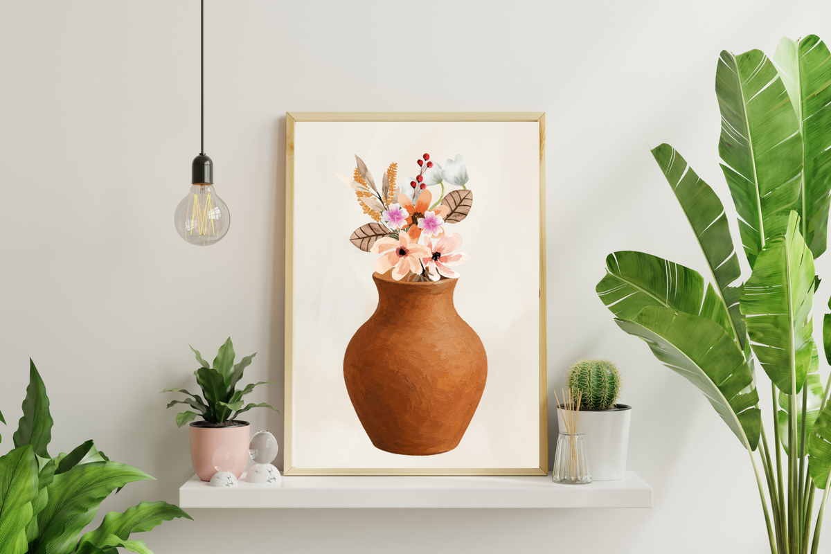Terracotta vase floral wall art displayed in a neutral dining room home décor mock-up