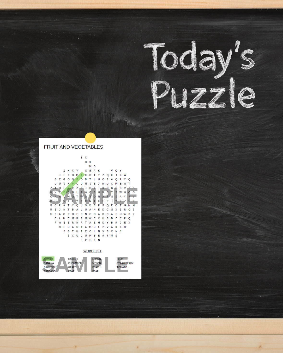 Blackboard with a sample puzzle sheet titled 'Today's Puzzle' on a wooden surface.