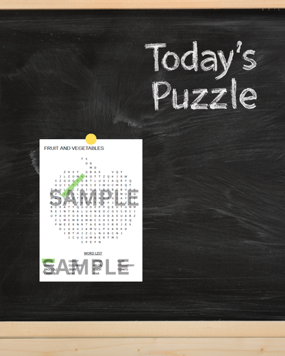 Blackboard with a sample puzzle sheet titled 'Today's Puzzle' on a wooden surface.