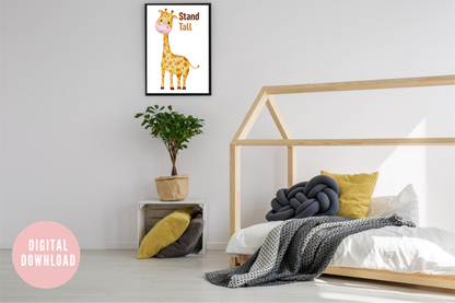 Whimsical giraffe kids wall décor in a minimalist, modern Kids bedroom.