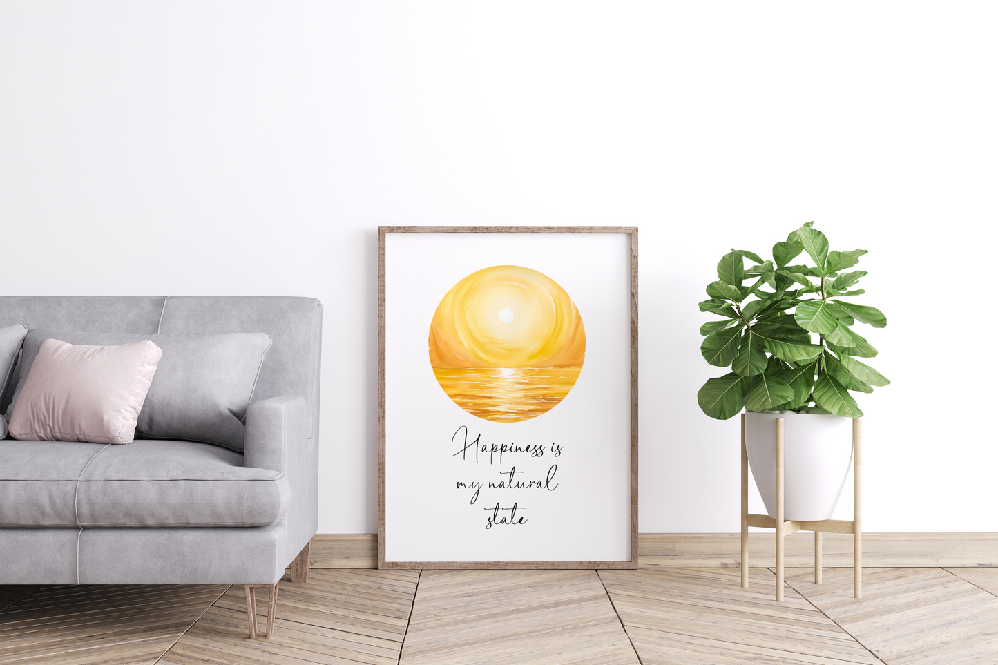 Digital downloadable print featuring the words “Happiness Is My Natural State” in a modern wooden frame on a living room against a lwall