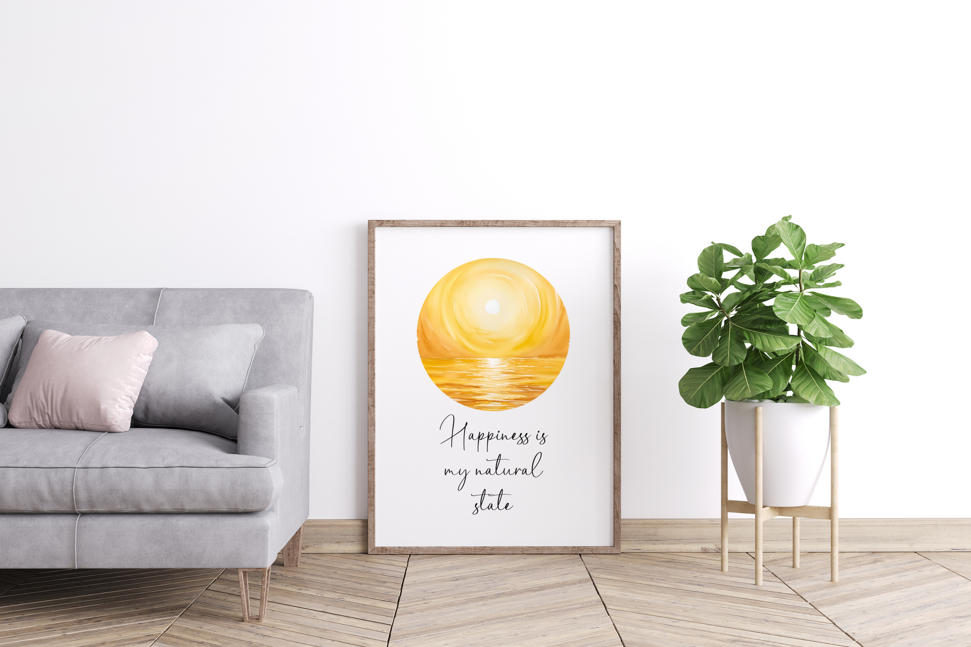 Digital downloadable print featuring the words “Happiness Is My Natural State” in a modern wooden frame on a living room against a lwall