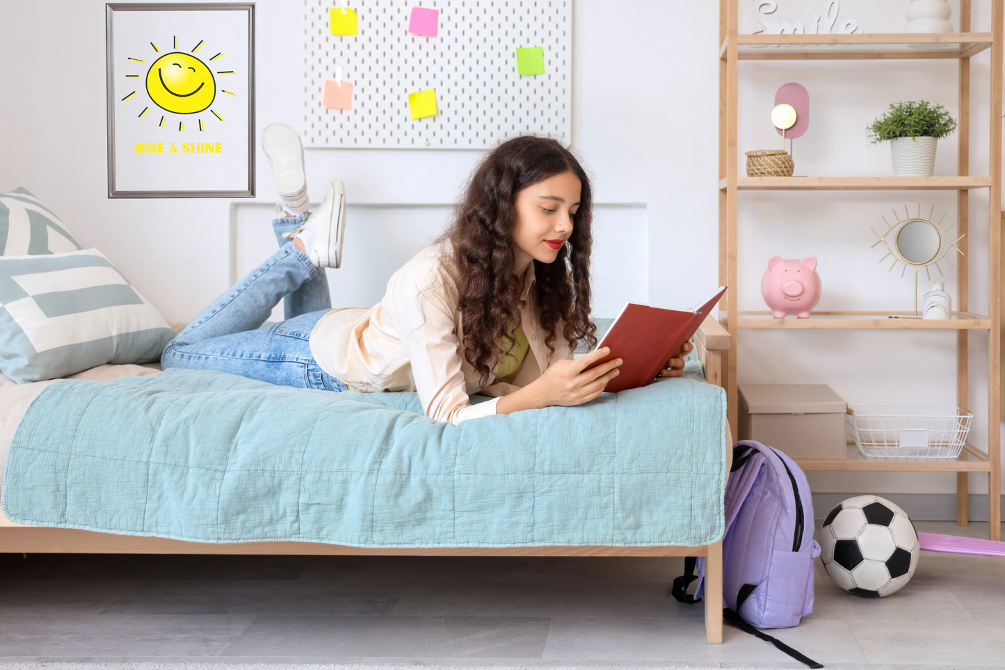 The Rise and Shine sun wall art print with a smiling yellow sun and radiating rays, framed in a bedroom