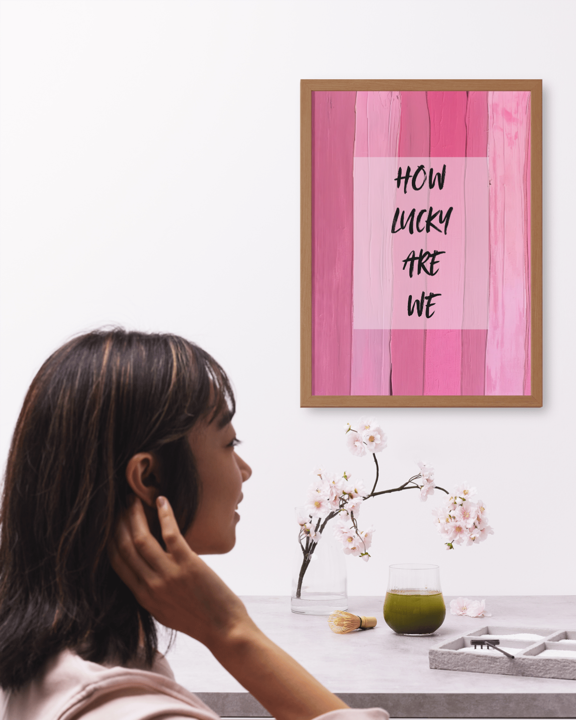 Modern abstract printable wall art displayed above neutral sofa