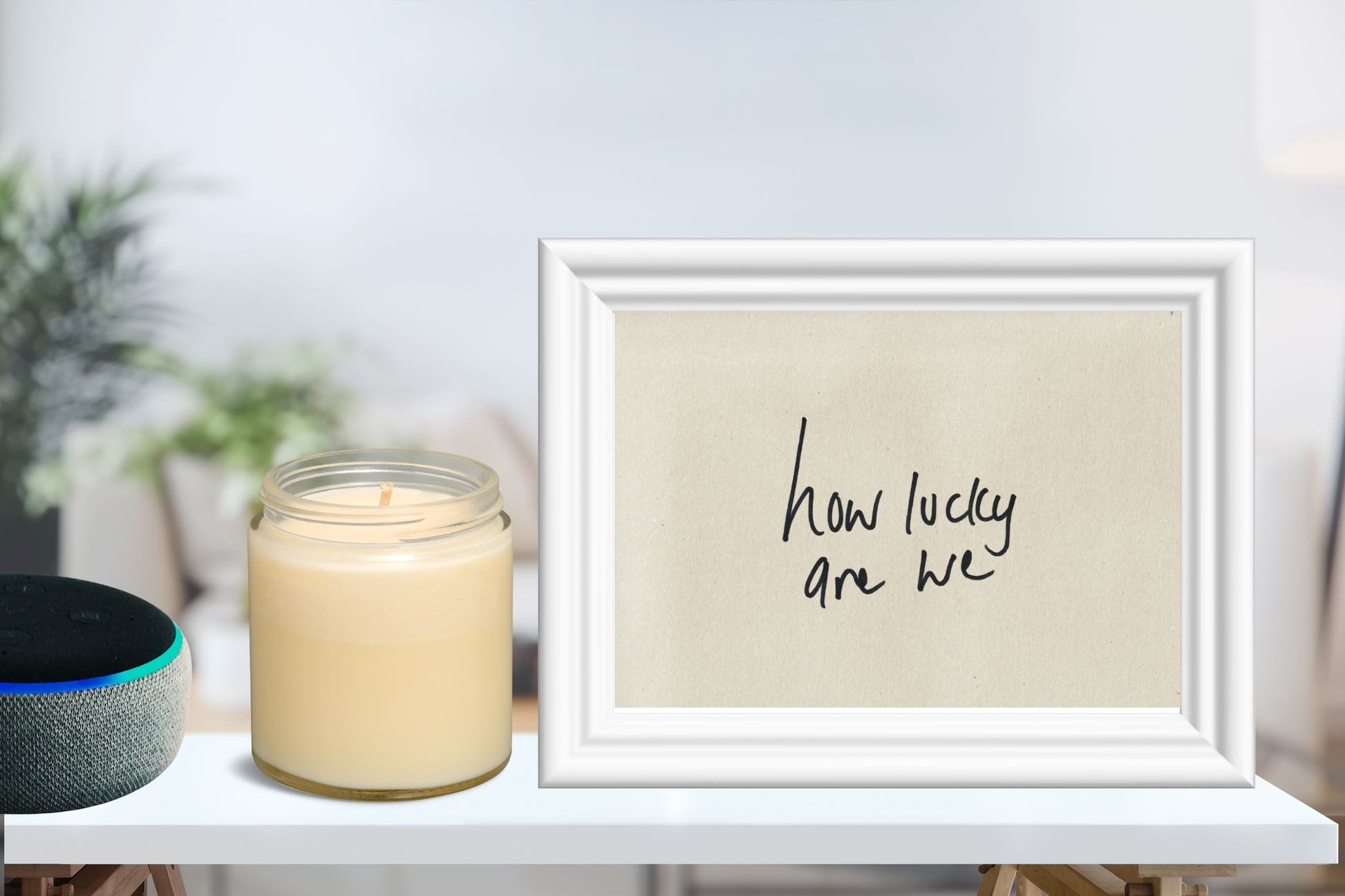 How Lucky Are We minimalist printable wall art displayed in a neutral living room