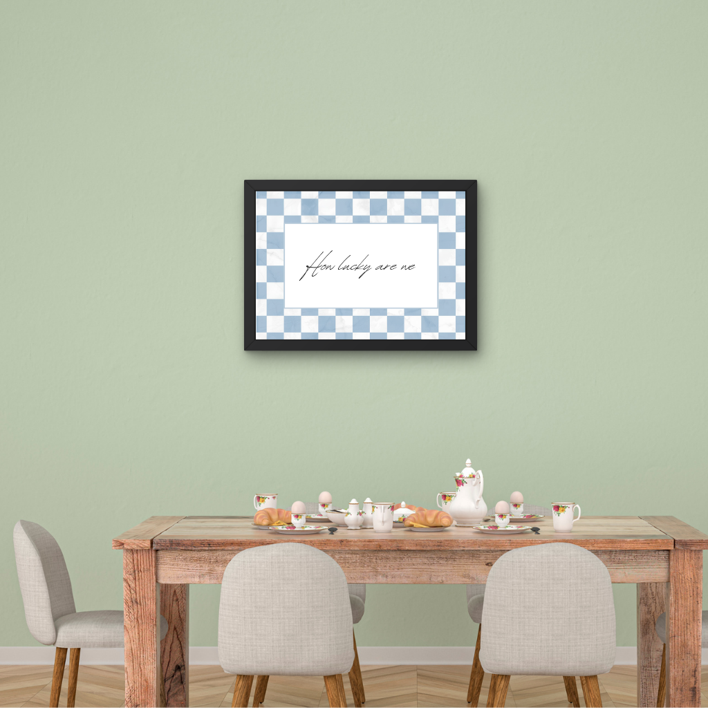 Cosy dining room wall with How Lucky Are We digital download framed