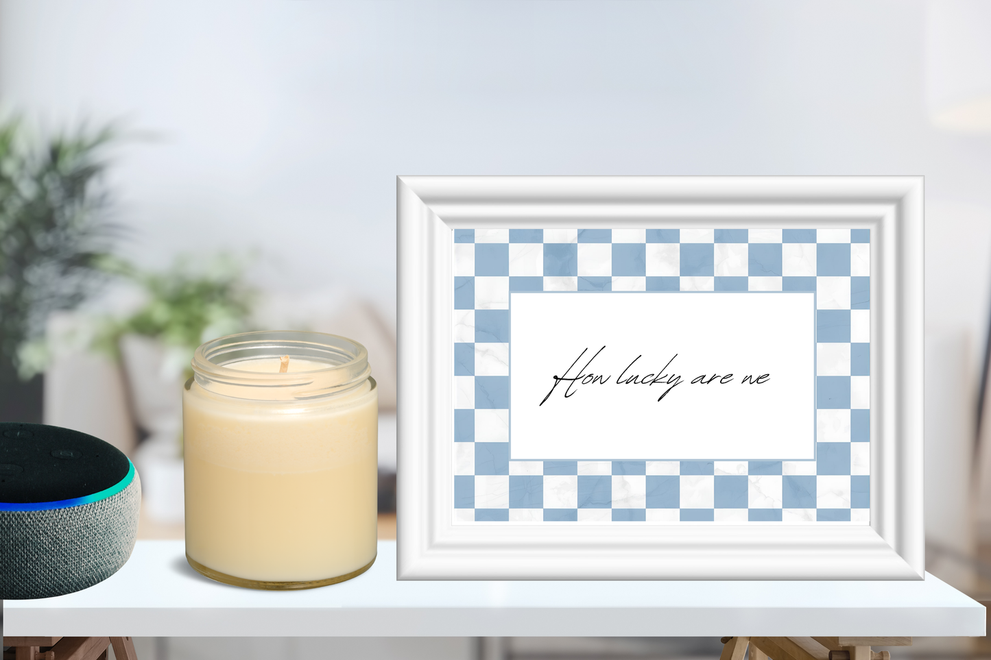 Printable wall art with blue and white chequered design

