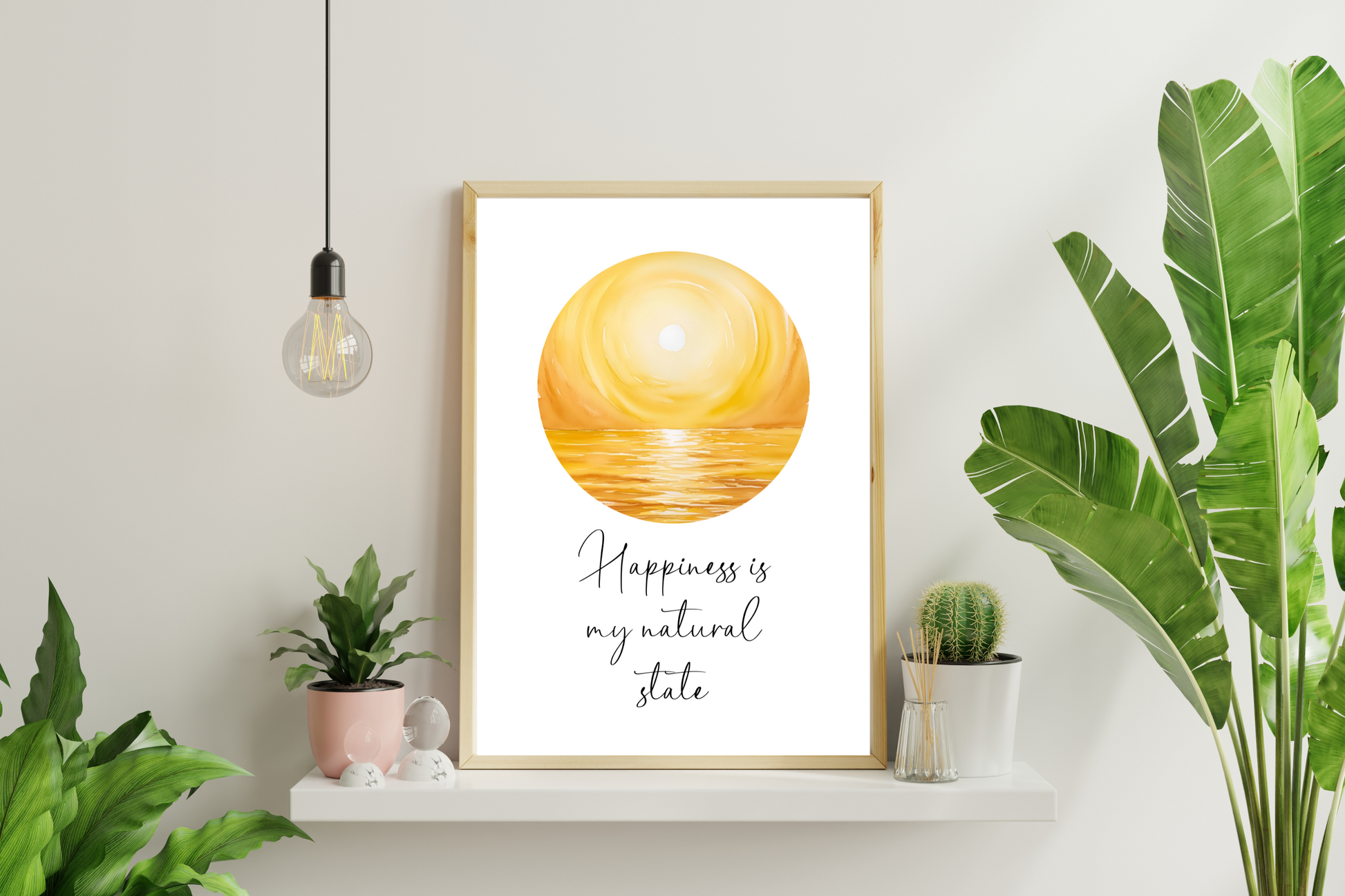 Stylish motivational wall art with the quote “Happiness Is My Natural State” showcased in a bright and cosy relaxing area with plants