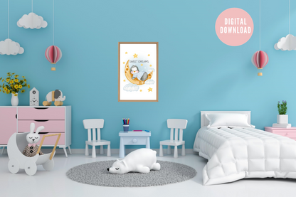 Sweet Dreams penguin wall art framed in soft pastel playroom