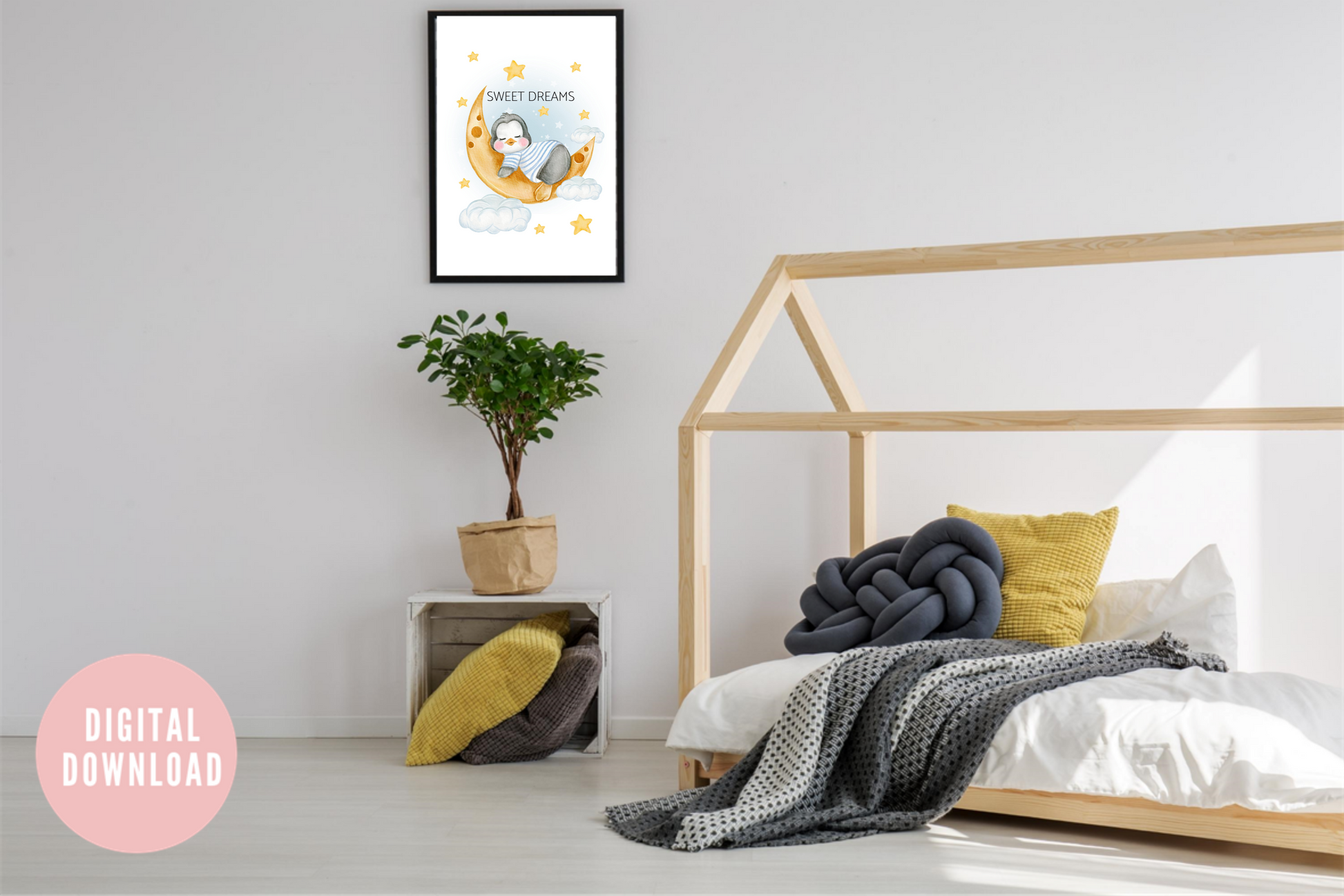 Watercolour bedtime-themed nursery décor with sleeping penguin
