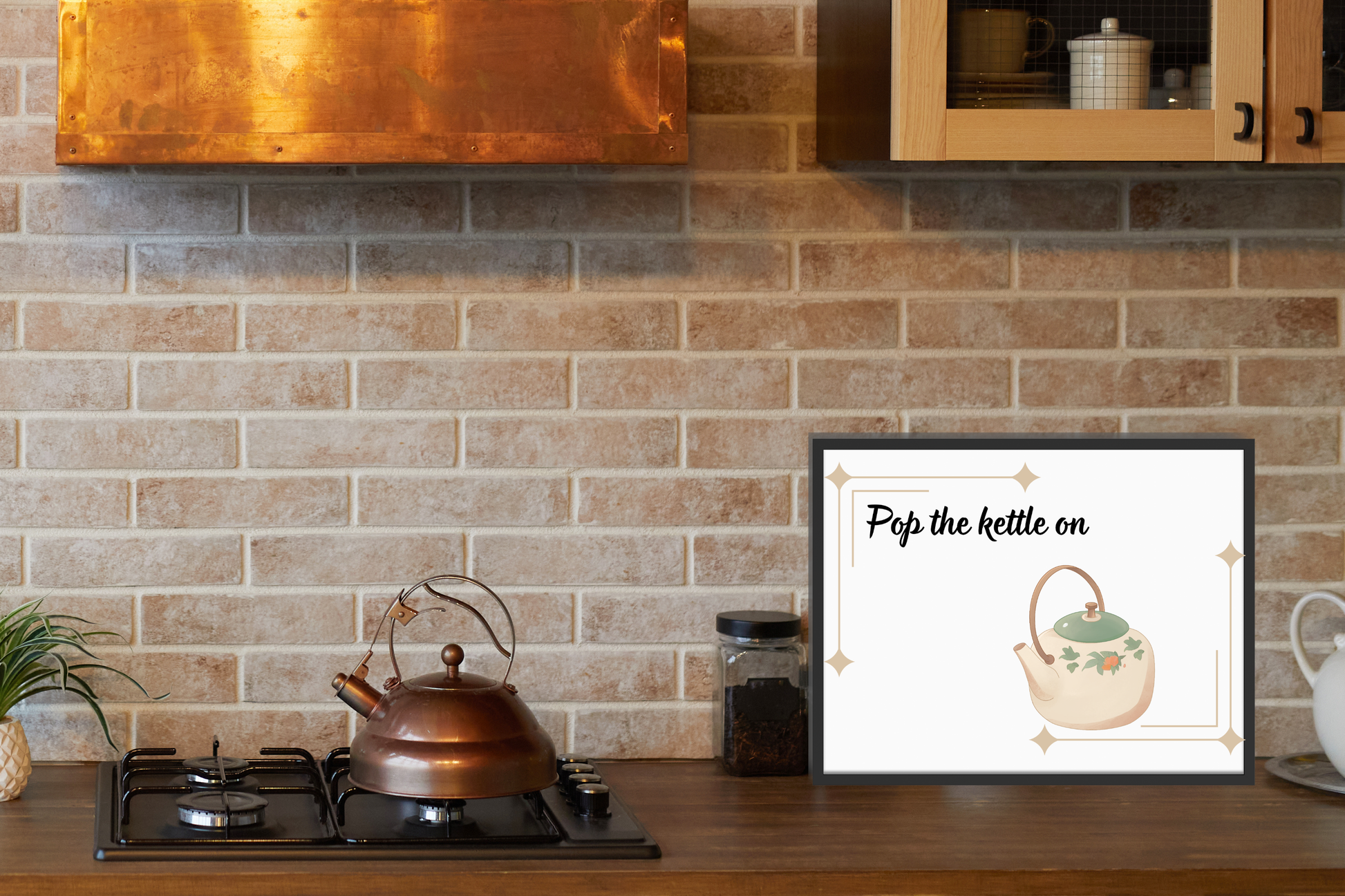 cosy tea quote typography printable displayed in kitchen decor