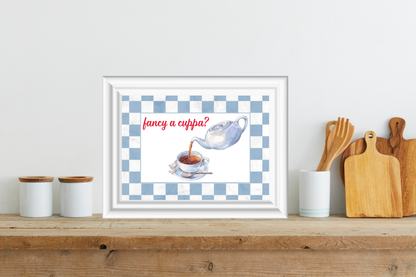 Fancy a Cuppa printable with blue gingham border in farmhouse kitchen