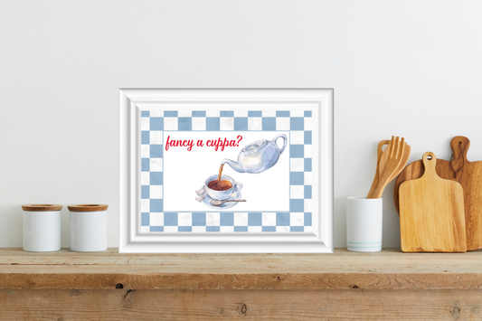 Fancy a Cuppa printable with blue gingham border in farmhouse kitchen