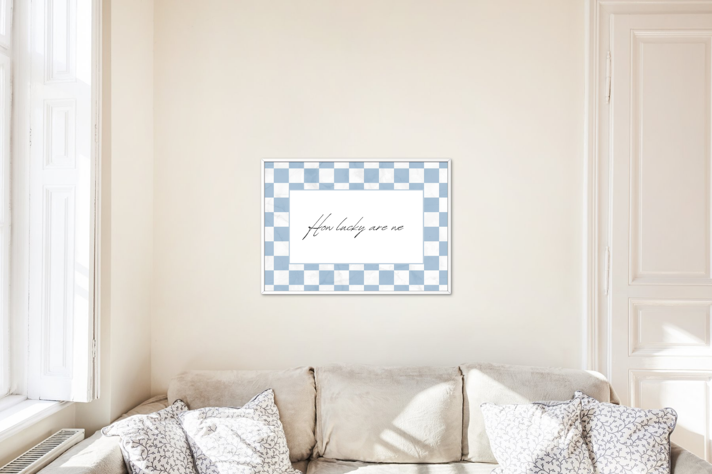 Aesthetic living room wall art with blue check background quote print