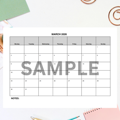 March 2026 Printable Calendar | Minimalist Monthly Planner | A4 Landscape