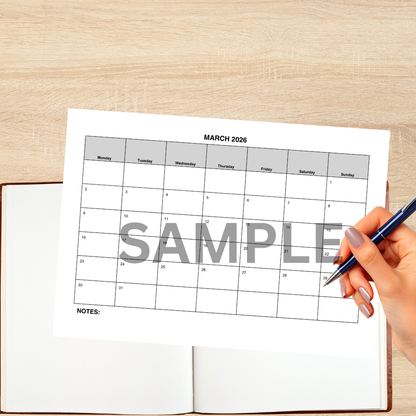 March 2026 Printable Calendar | Minimalist Monthly Planner | A4 Landscape