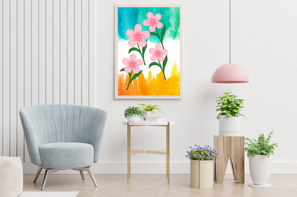 Modern pink botanical art download on wall in a relaxation room.