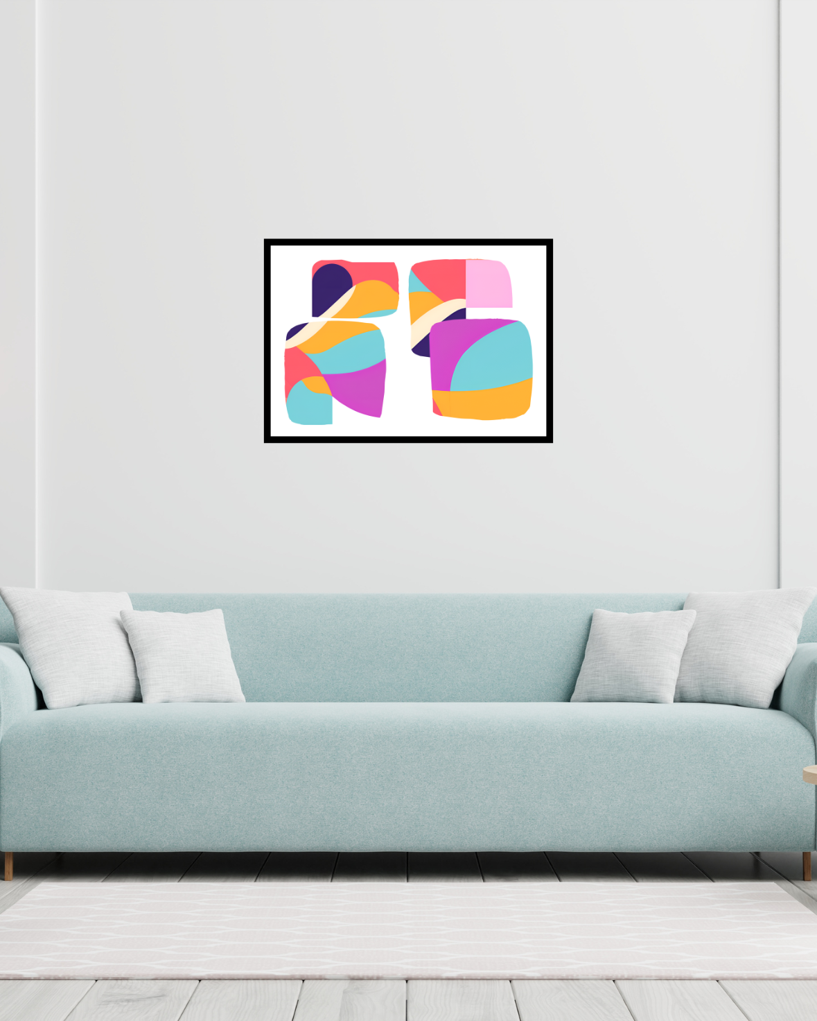 Bright colourful geometric abstract art print on living room wall