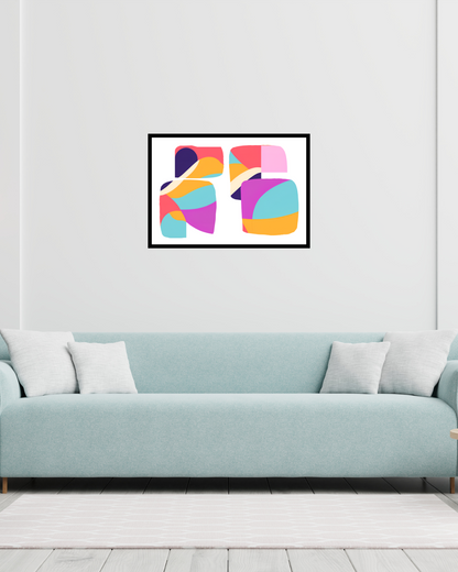 Bright colourful geometric abstract art print on living room wall