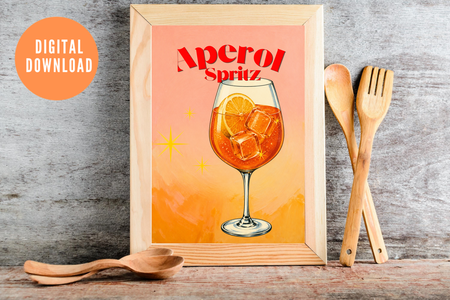 Retro Mediterranean kitchen wall art with aperol spritz illustration