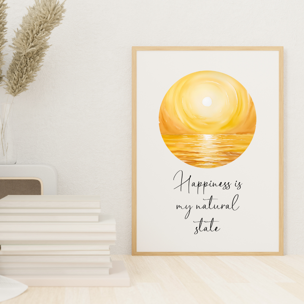 Minimalist wellbeing quote print saying “Happiness Is My Natural State” styled in a modern minimalist reading nook.