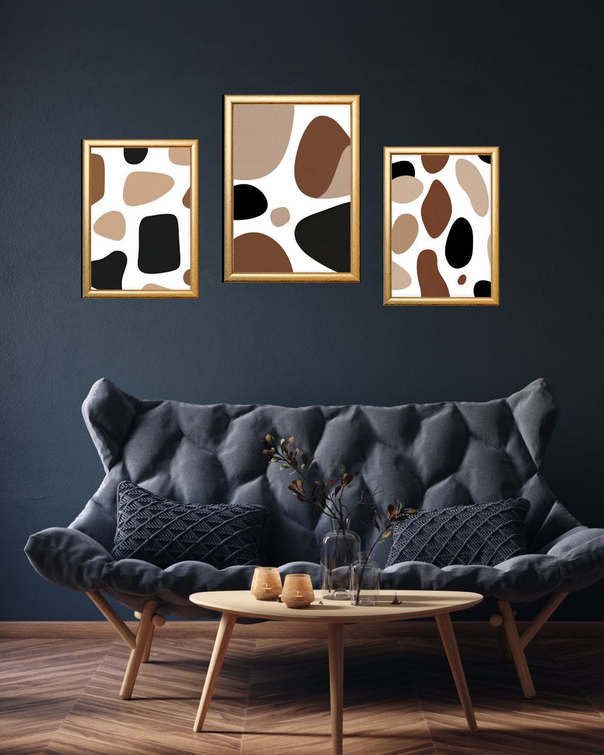 brown and black abstract wall art prints above sofa