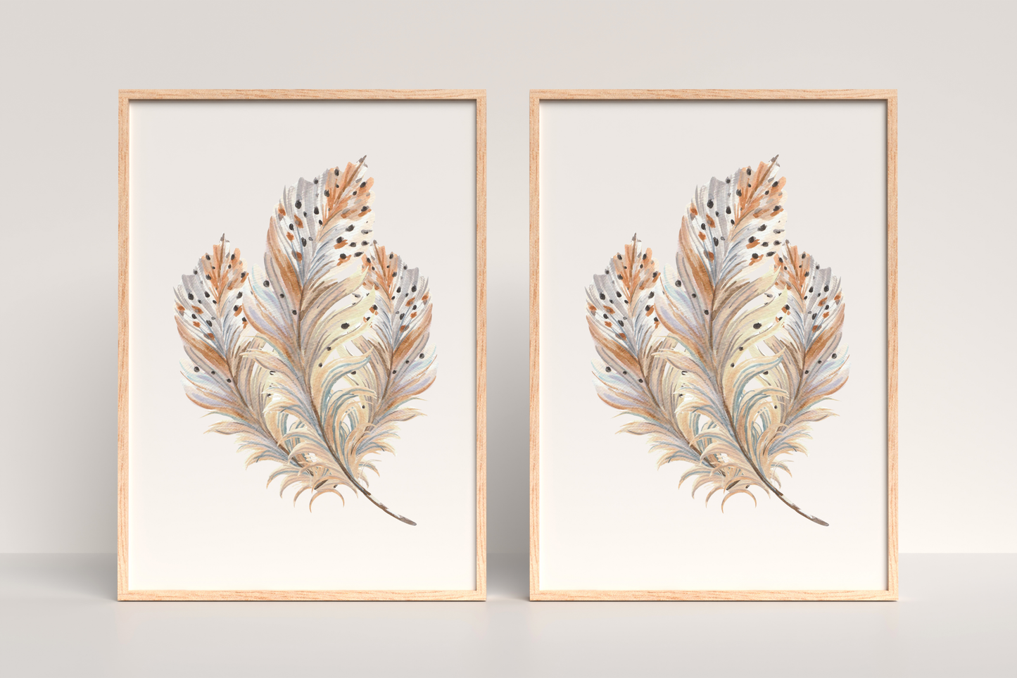 Bedroom wall art print of X2 printables of feathers and pampas grass