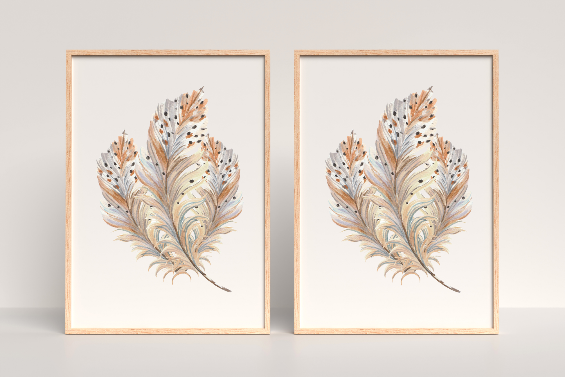 Bedroom wall art print of X2 printables of feathers and pampas grass