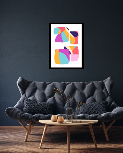 Modern maximalist wall art with bold shapes above sofa in lounge.