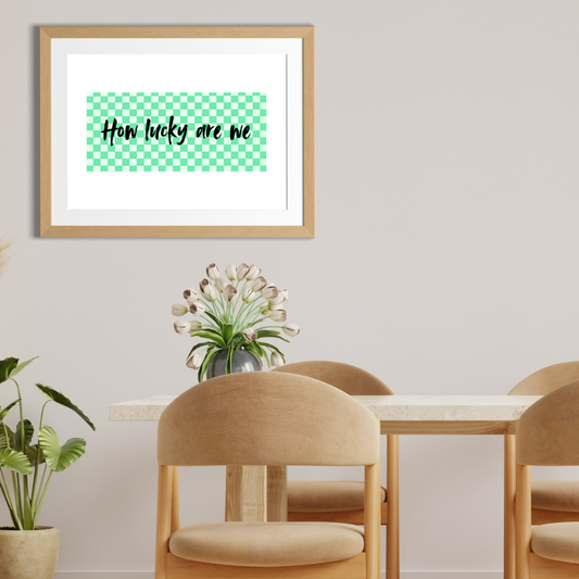 mint green checkerboard typography printable wall art how lucky are we quote