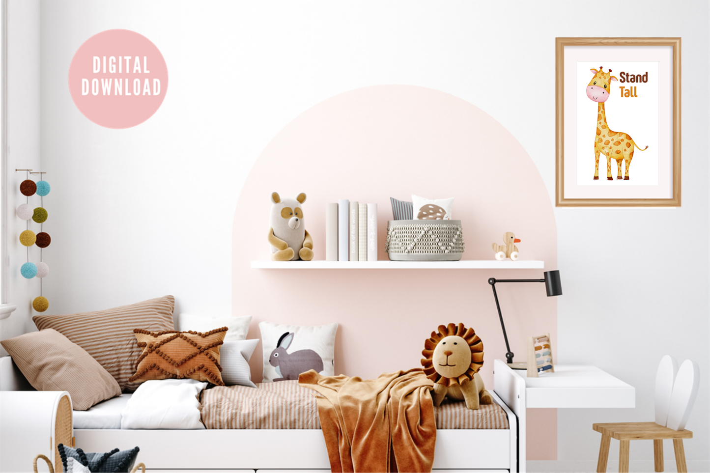 Giraffe kids printable poster displayed in children’s bedroom