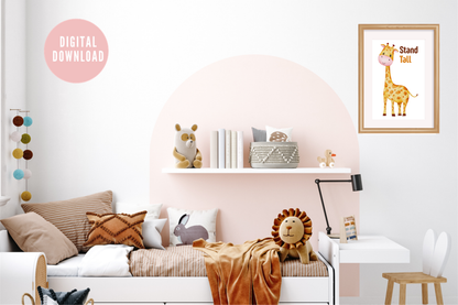 Giraffe kids printable poster displayed in children’s bedroom