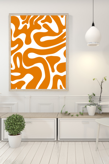 Orange abstract swirl art print displayed in modern living room