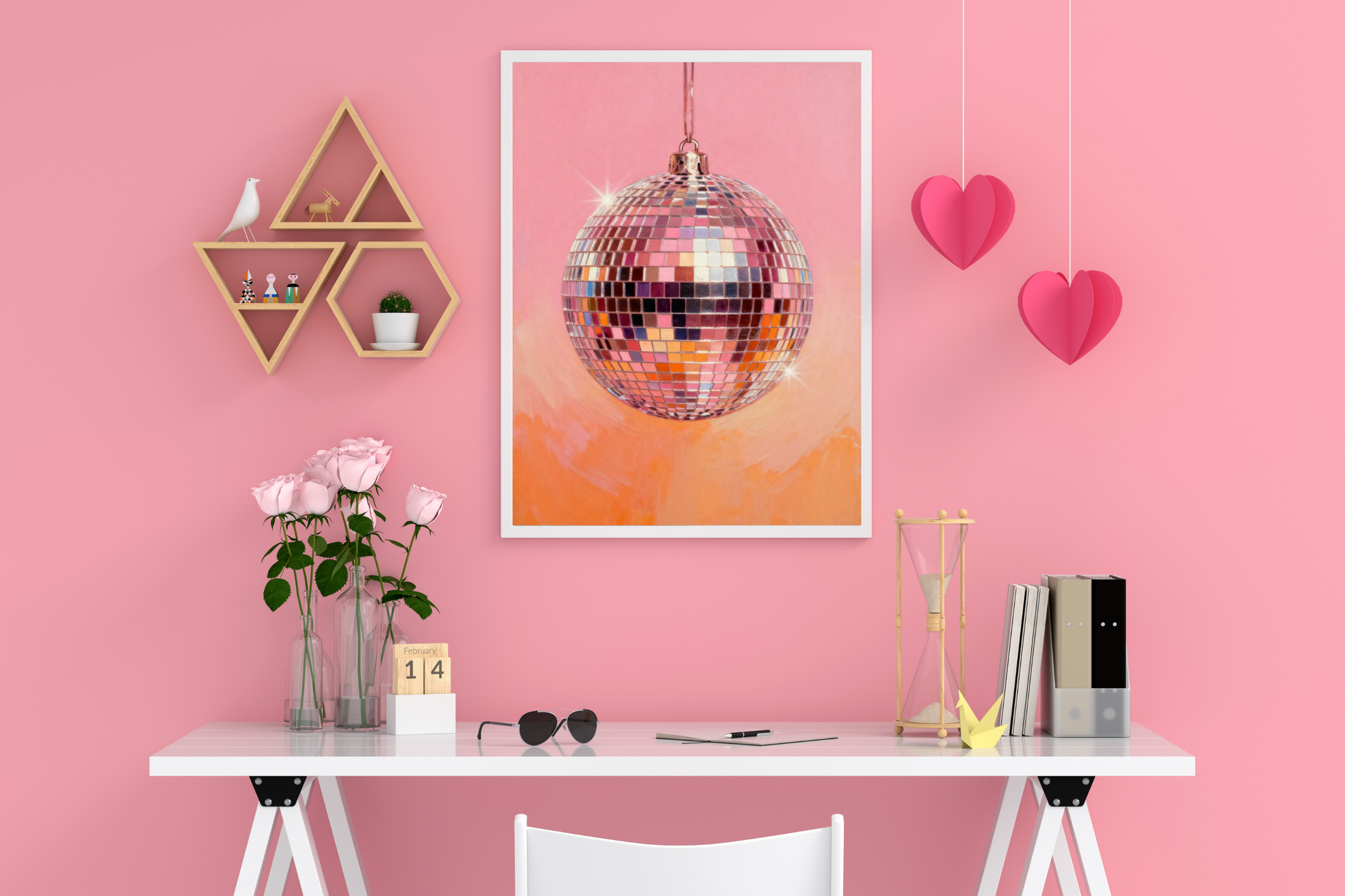 Pink disco ball poster printable art print for modern home décor