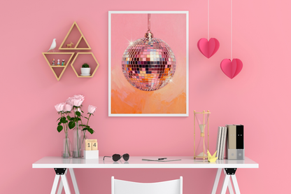Pink disco ball poster printable art print for modern home décor