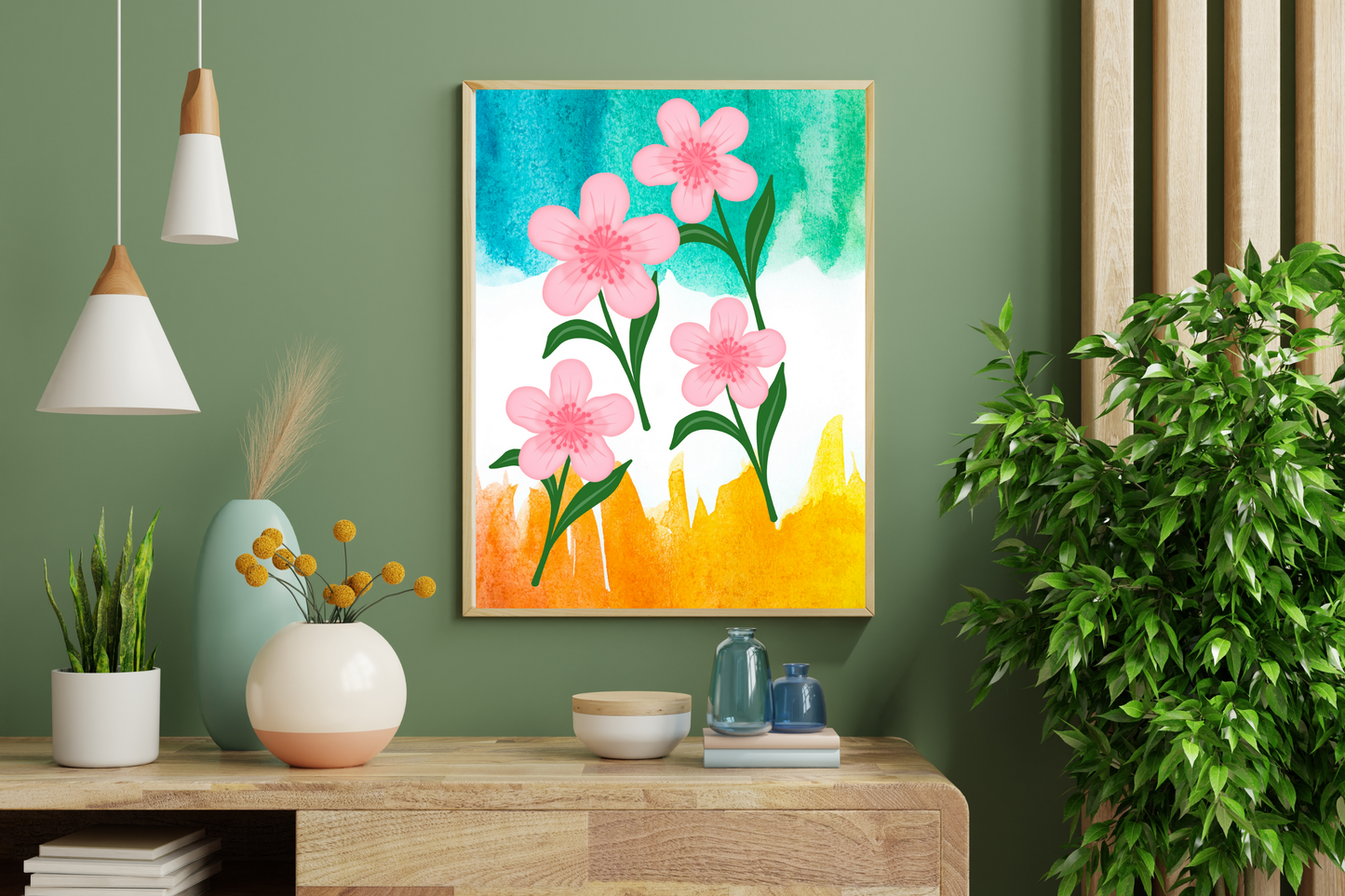 Pink watercolour floral artwork framed in living room