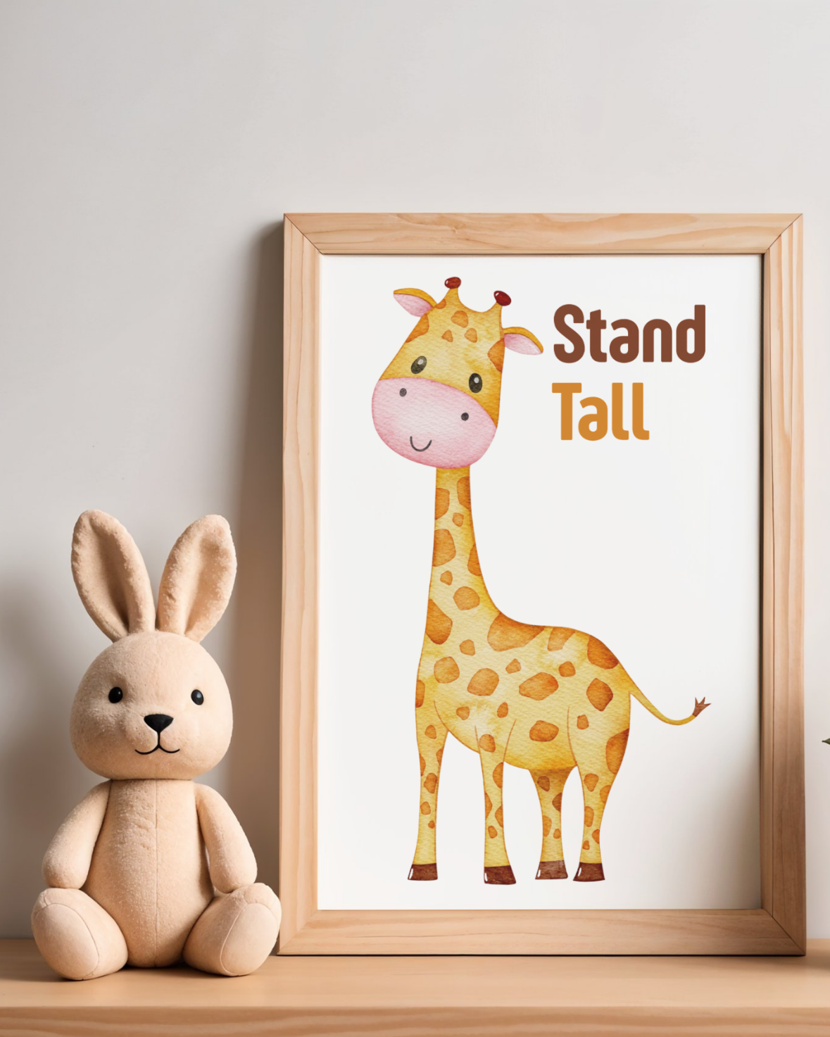 Watercolour giraffe nursery print with ‘Stand Tall’ typography