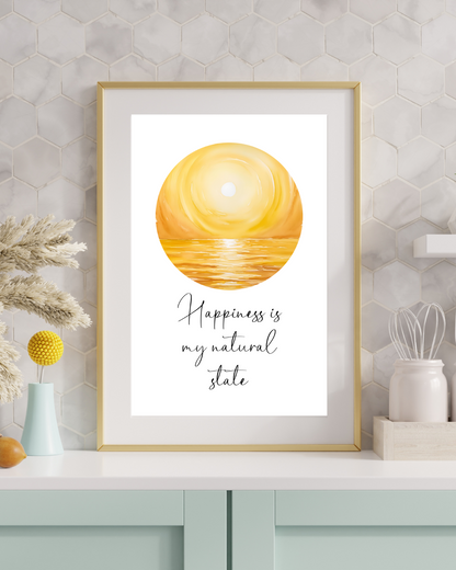 Printable wall art with the quote “Happiness Is My Natural State” displayed above a neutral modern kitchen counter.