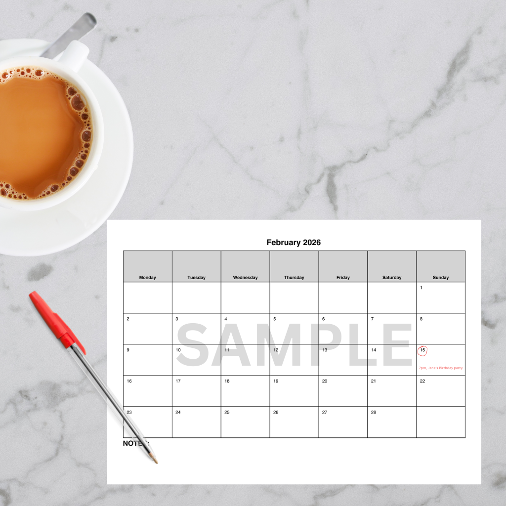 Minimalist February 2026 printable calendar sheet.