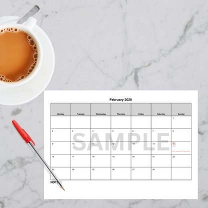 Minimalist February 2026 printable calendar sheet.