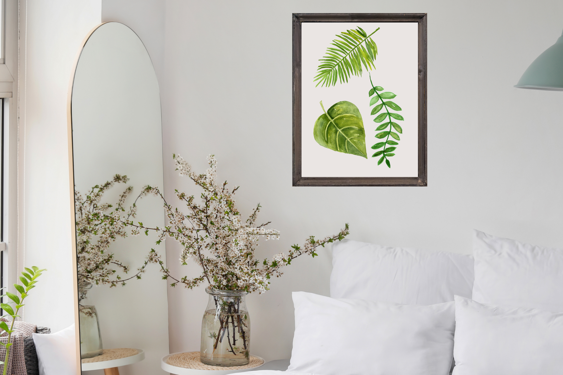 Botanical printable wall art styled in a minimalist bedroom with natural décor