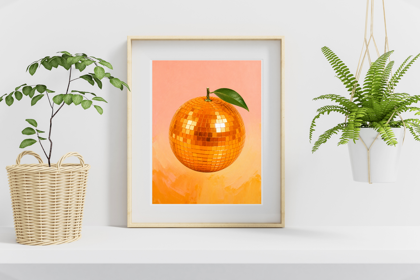 Printable retro citrus wall art with orange disco ball illustration