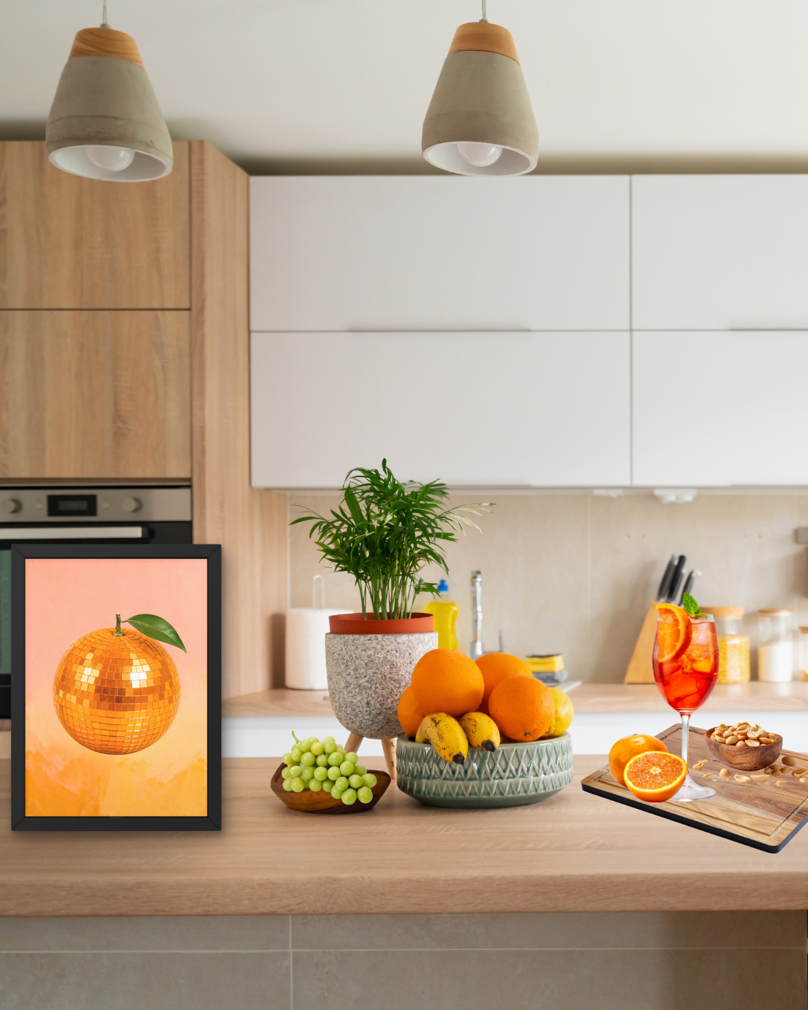 Printable retro citrus wall art with orange disco ball illustration