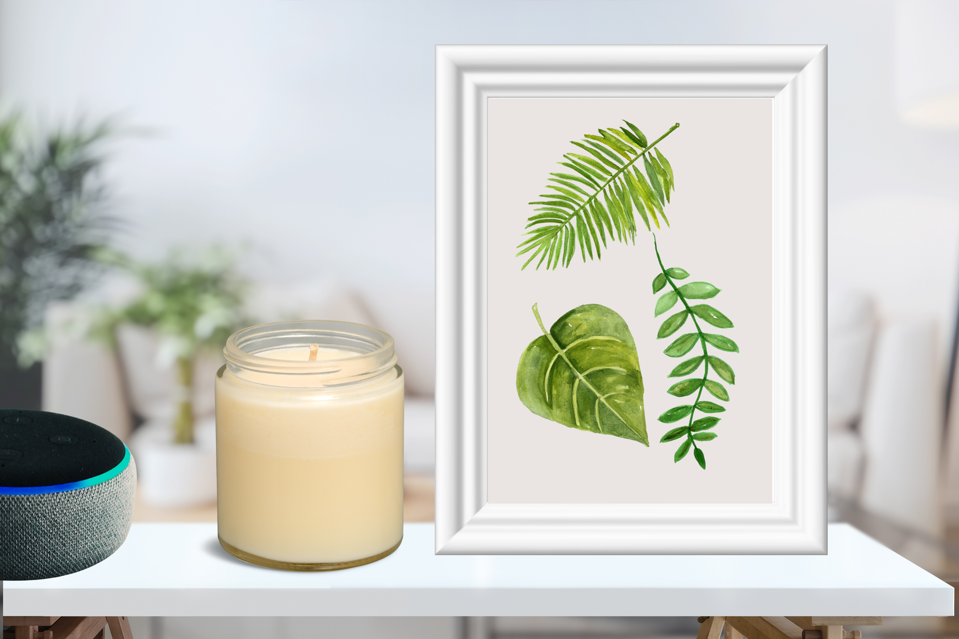 Printable botanical leaf art print framed in a modern natural living room