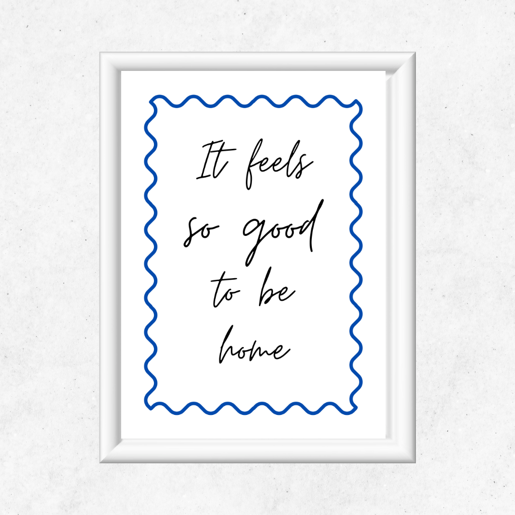 Motivational typography art print in cobalt blue displayed in a chic home office, perfect for women working from home and embracing the soft life aesthetic.