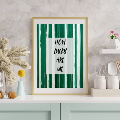 modern minimalist typography wall art with green acrylic paint strokes above a kitchen counter