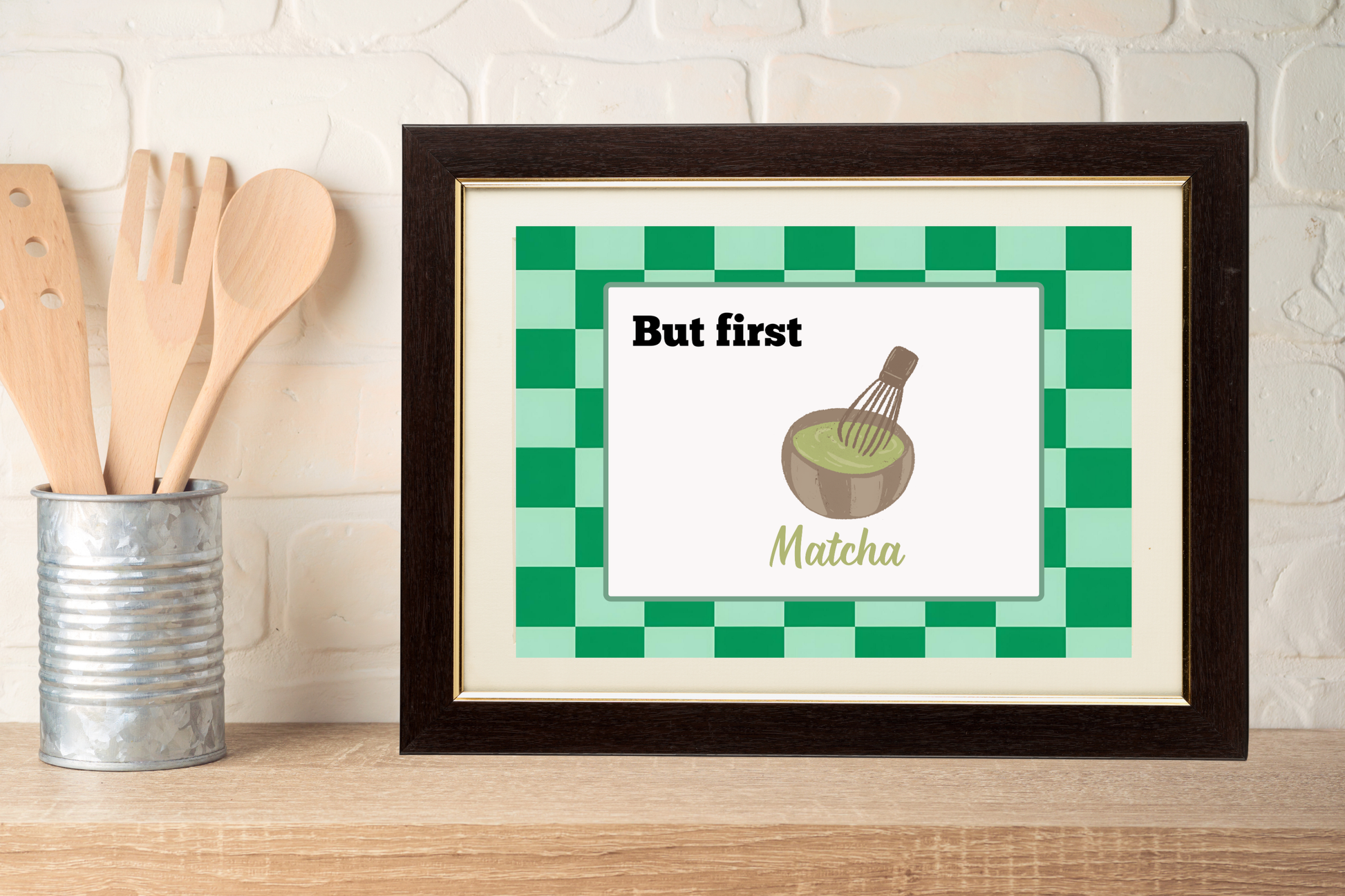 Retro typography kitchen artwork on wooden countertop